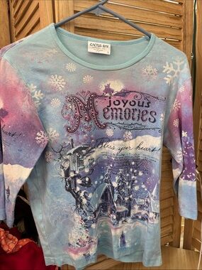 Cactus Bay "Joyous Memories" Long Sleeve Top - Pastel Blue & Purple Large